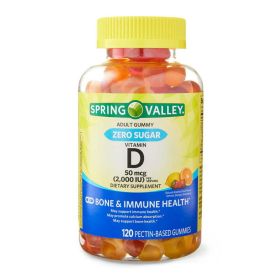 Spring Valley Zero Sugar Vitamin D Bone & Immune Health Dietary Supplement Gummies, 50 Mcg (2,000 IU), 120 Count