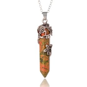 1pc Hexagonal Healing Synthetic Crystal Necklace Natural Prism Stone Pendant Flower Wrapped Pointed Quartz Yoga Energy With Chain (Composition: Unakite)