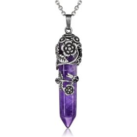 1pc Hexagonal Healing Synthetic Crystal Necklace Natural Prism Stone Pendant Flower Wrapped Pointed Quartz Yoga Energy With Chain (Composition: Amethyst)