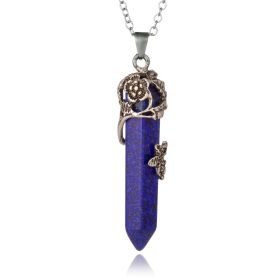 1pc Hexagonal Healing Synthetic Crystal Necklace Natural Prism Stone Pendant Flower Wrapped Pointed Quartz Yoga Energy With Chain (Composition: Lapis Lazuli)