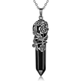 1pc Hexagonal Healing Synthetic Crystal Necklace Natural Prism Stone Pendant Flower Wrapped Pointed Quartz Yoga Energy With Chain (Composition: Black Obdisian)