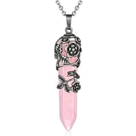 1pc Hexagonal Healing Synthetic Crystal Necklace Natural Prism Stone Pendant Flower Wrapped Pointed Quartz Yoga Energy With Chain (Composition: Rose Quartz)