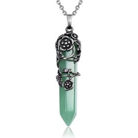 1pc Hexagonal Healing Synthetic Crystal Necklace Natural Prism Stone Pendant Flower Wrapped Pointed Quartz Yoga Energy With Chain (Composition: Green Aventurine)