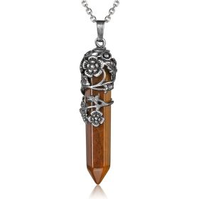 1pc Hexagonal Healing Synthetic Crystal Necklace Natural Prism Stone Pendant Flower Wrapped Pointed Quartz Yoga Energy With Chain (Composition: Tiger Eyes)