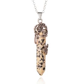 1pc Hexagonal Healing Synthetic Crystal Necklace Natural Prism Stone Pendant Flower Wrapped Pointed Quartz Yoga Energy With Chain (Composition: Dalmatian Jasper)