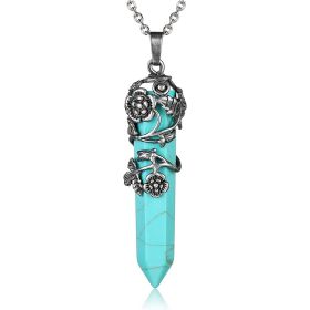 1pc Hexagonal Healing Synthetic Crystal Necklace Natural Prism Stone Pendant Flower Wrapped Pointed Quartz Yoga Energy With Chain (Composition: Turquoise)