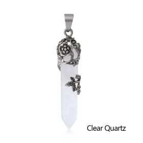 1pc Hexagonal Healing Synthetic Crystal Necklace Natural Prism Stone Pendant Flower Wrapped Pointed Quartz Yoga Energy With Chain (Composition: Clear Quartz)