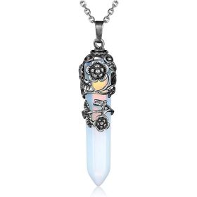 1pc Hexagonal Healing Synthetic Crystal Necklace Natural Prism Stone Pendant Flower Wrapped Pointed Quartz Yoga Energy With Chain (Composition: Opal)
