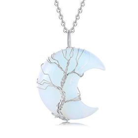 Tree of Life Wire Wrapped Crescent Moon Pendant Necklace;  Crystal Stone Necklaces (Color: Blue)