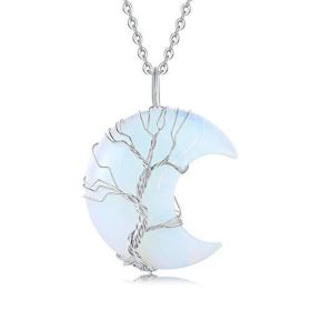 Tree of Life Wire Wrapped Crescent Moon Pendant Necklace;  Crystal Stone Necklaces (Color: Blue)