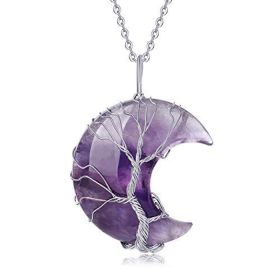 Tree of Life Wire Wrapped Crescent Moon Pendant Necklace;  Crystal Stone Necklaces (Color: Purple)