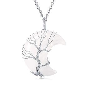 Tree of Life Wire Wrapped Crescent Moon Pendant Necklace;  Crystal Stone Necklaces (Color: White)