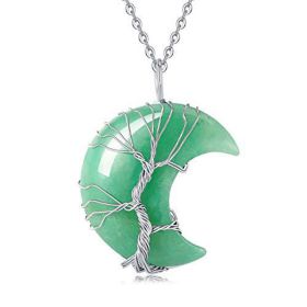 Tree of Life Wire Wrapped Crescent Moon Pendant Necklace;  Crystal Stone Necklaces (Color: Green)