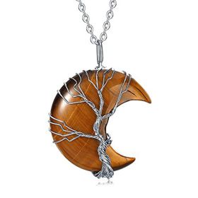 Tree of Life Wire Wrapped Crescent Moon Pendant Necklace;  Crystal Stone Necklaces (Color: brown)