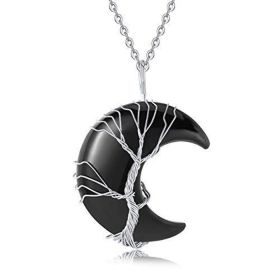 Tree of Life Wire Wrapped Crescent Moon Pendant Necklace;  Crystal Stone Necklaces (Color: BLACK)