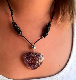 EMF 5G Shielding Orgone Heart Calming Necklace with Shungite & Black Tourmaline (Material: Amethyst Heart with Shungite & Black Tourmaline)