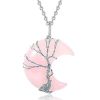 Tree of Life Wire Wrapped Crescent Moon Pendant Necklace;  Crystal Stone Necklaces